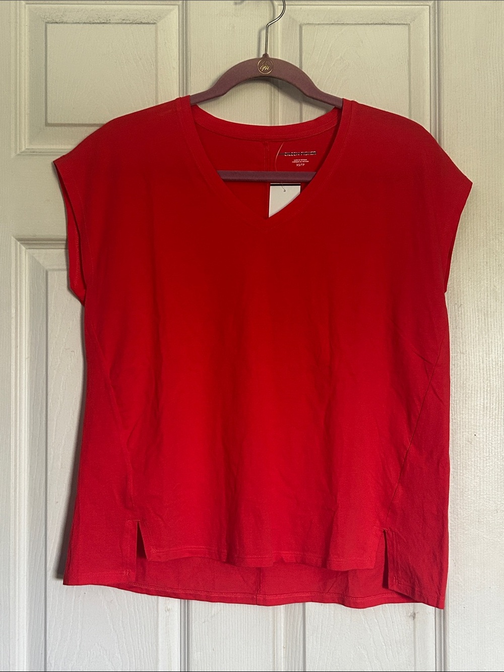 Eileen Fisher reddish orange v neck organic cotton tee size XS